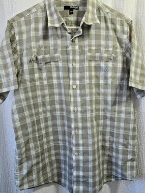 Murano Men’s Large Plaid Short Sleeve Button Up  Tan Beige Cotton Fitted Shirt